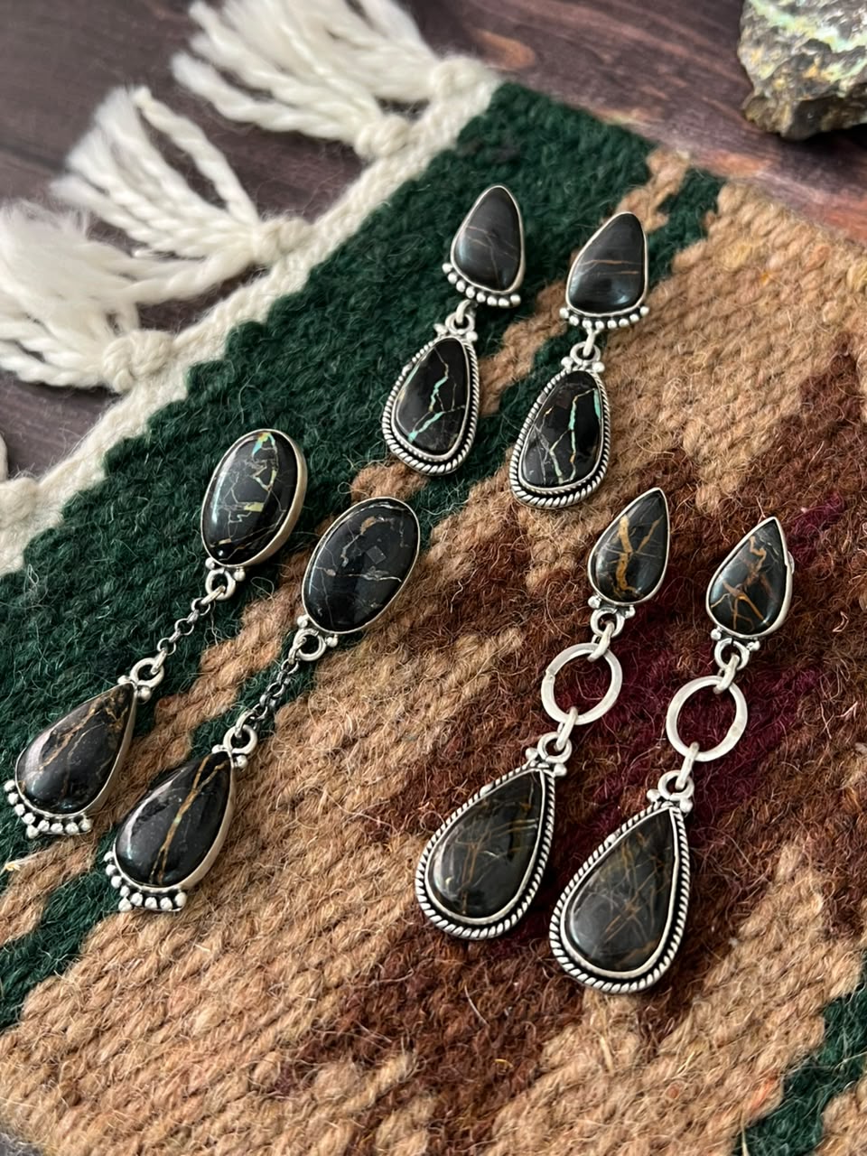 Handmade Sterling Silver Blackjack Turquoise Collection: Post Dangle Earrings Signed Nizhoni