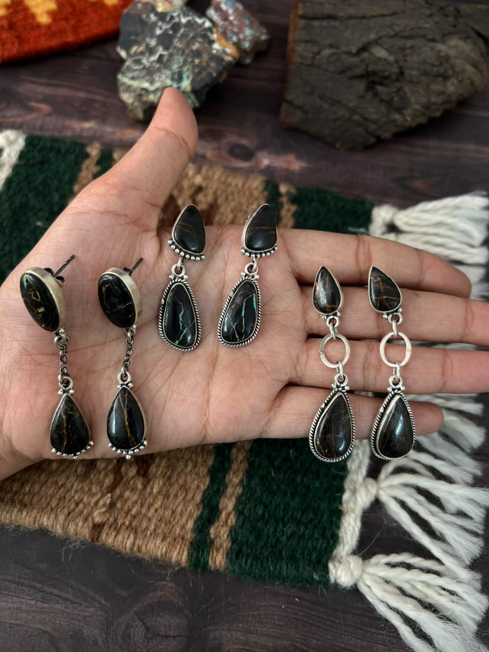 Handmade Sterling Silver Blackjack Turquoise Collection: Post Dangle Earrings Signed Nizhoni