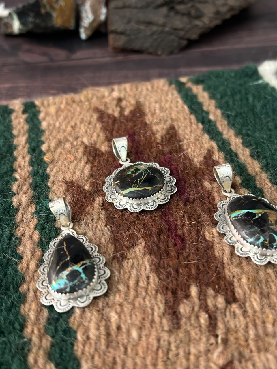 Handmade Sterling Silver Blackjack Turquoise Collection: Pendant Signed Nizhoni