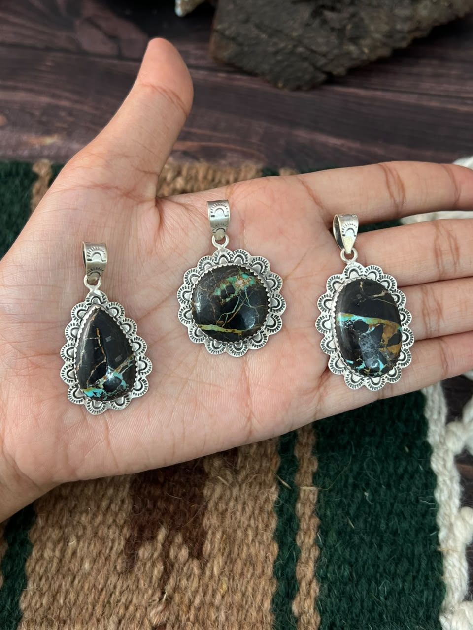 Handmade Sterling Silver Blackjack Turquoise Collection: Pendant Signed Nizhoni