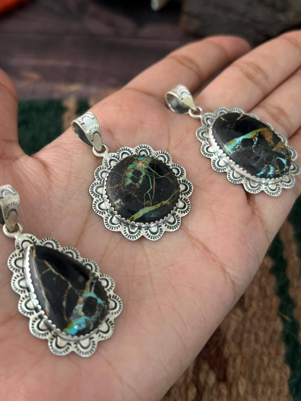 Handmade Sterling Silver Blackjack Turquoise Collection: Pendant Signed Nizhoni
