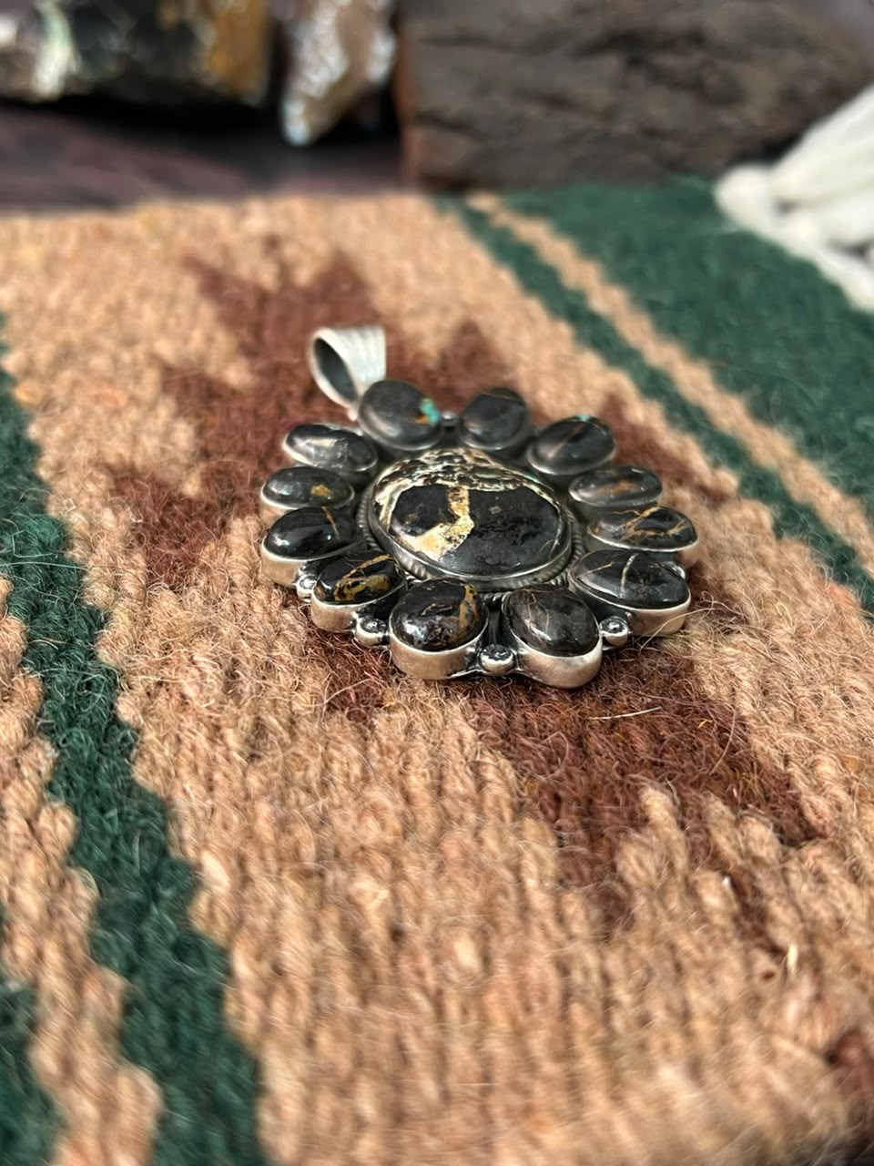 Handmade Sterling Silver Blackjack Turquoise Collection: Pendant Signed Nizhoni