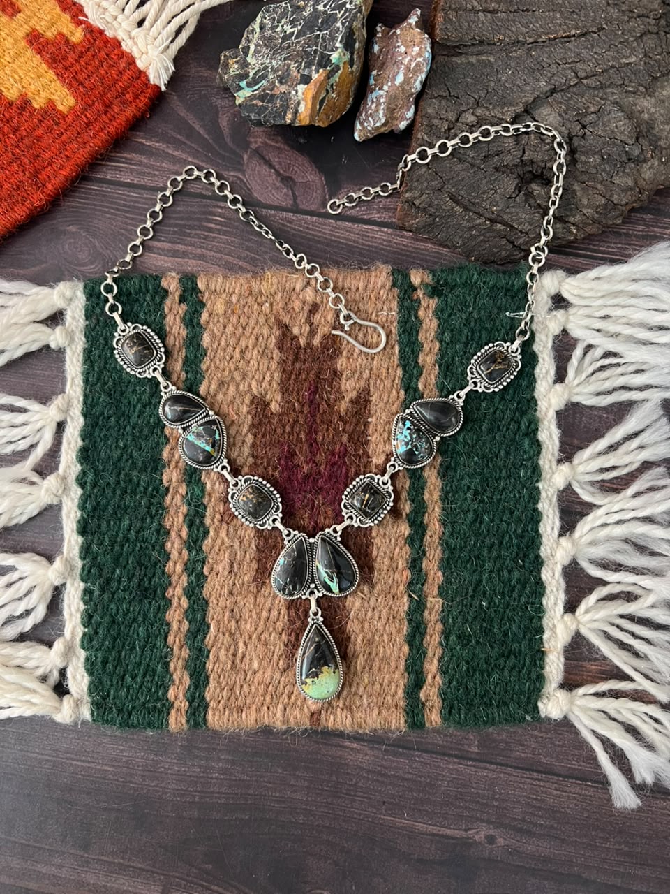Handmade Sterling Silver Blackjack Turquoise Collection: Necklace Signed Nizhoni