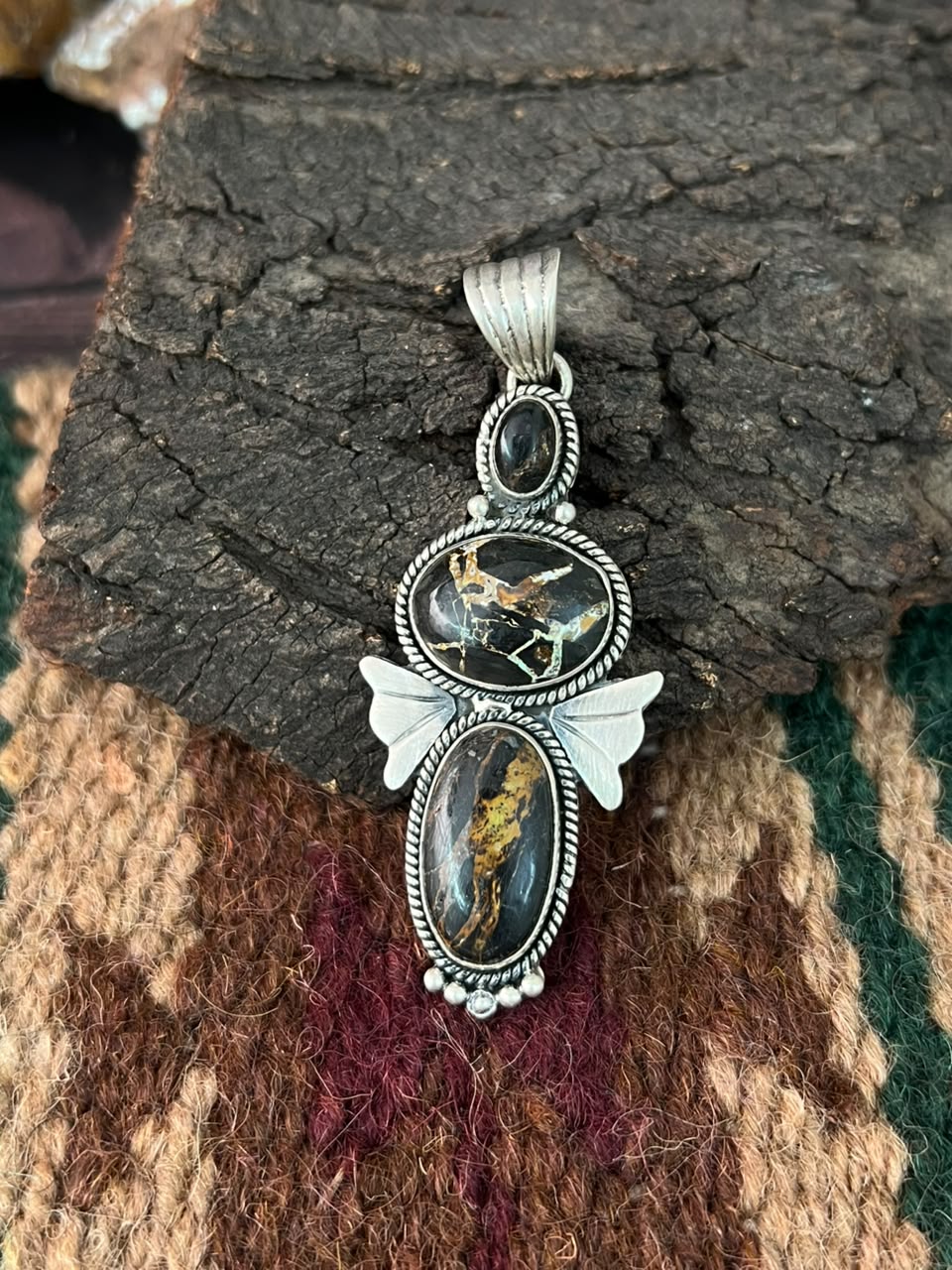 Handmade Sterling Silver Blackjack Turquoise Collection: Pendant Signed Nizhoni