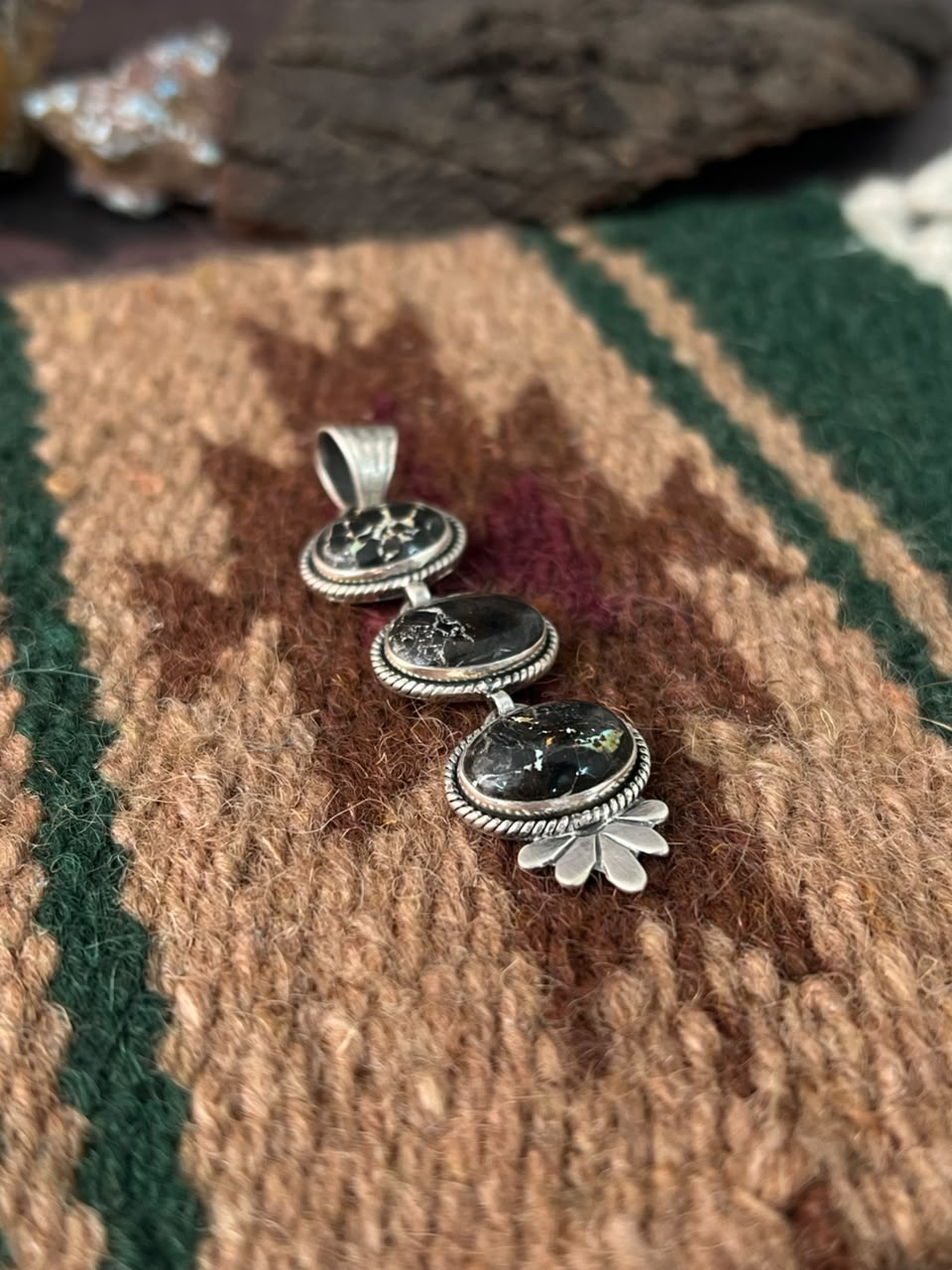 Handmade Sterling Silver Blackjack Turquoise Collection: Pendant Signed Nizhoni