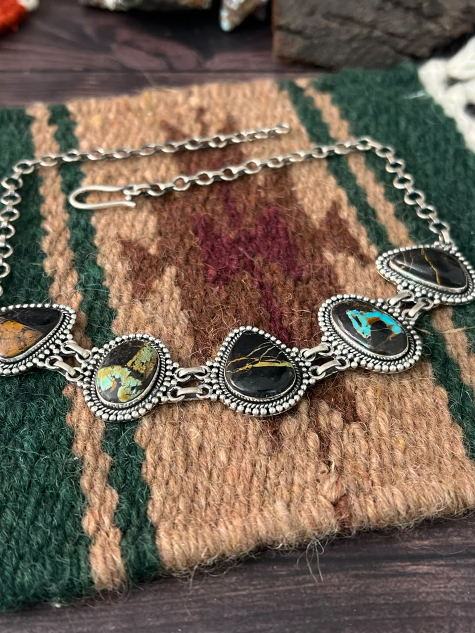 Handmade Sterling Silver Blackjack Turquoise Collection: Choker Necklace Signed Nizhoni