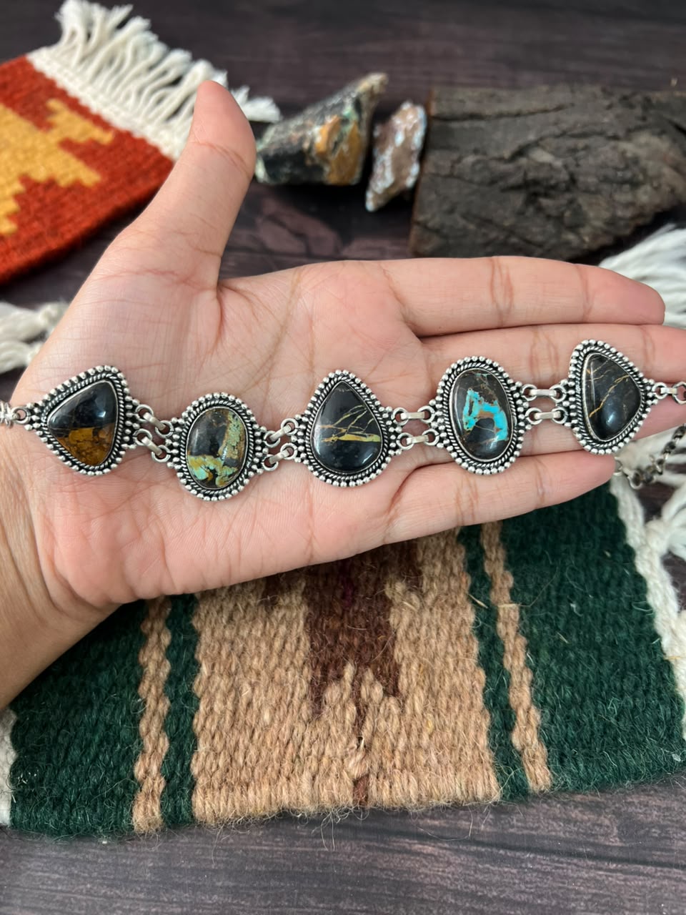 Handmade Sterling Silver Blackjack Turquoise Collection: Choker Necklace Signed Nizhoni