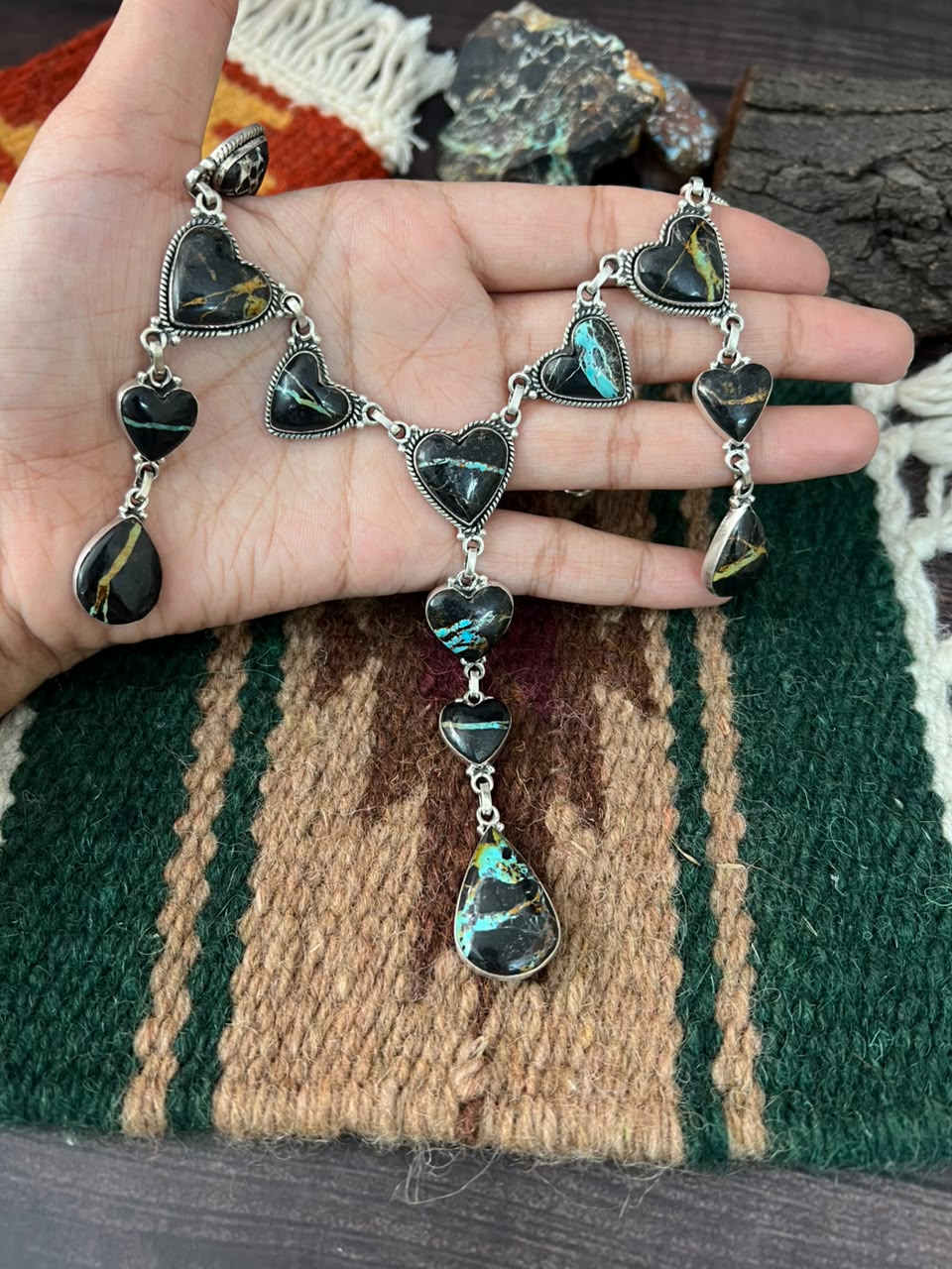 Handmade Sterling Silver Blackjack Turquoise Collection: Necklace Signed Nizhoni