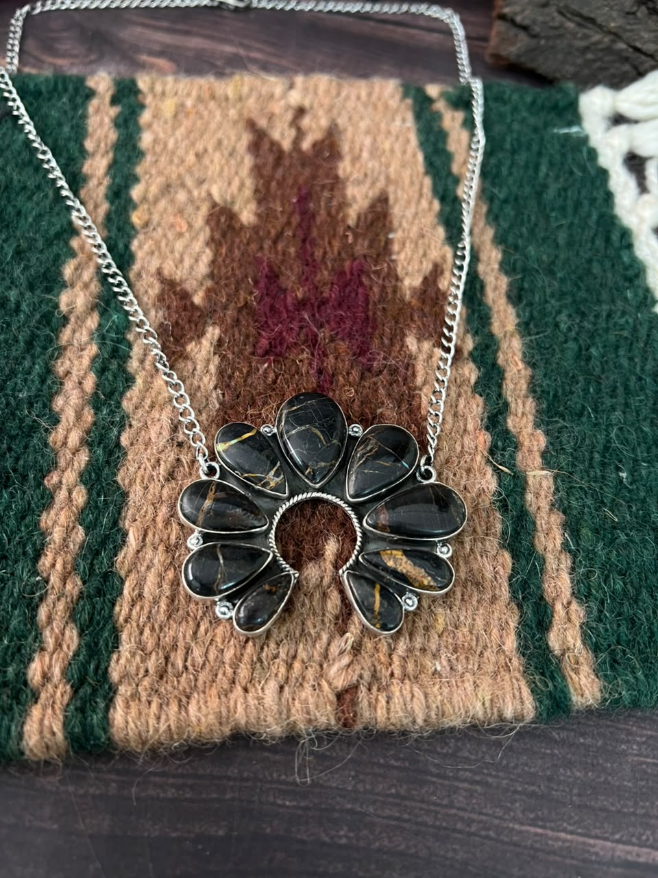 Handmade Sterling Silver Blackjack Turquoise Collection: Naja Necklace Signed Nizhoni