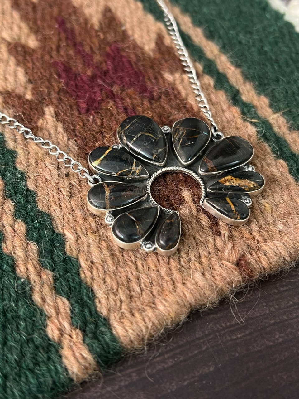 Handmade Sterling Silver Blackjack Turquoise Collection: Naja Necklace Signed Nizhoni