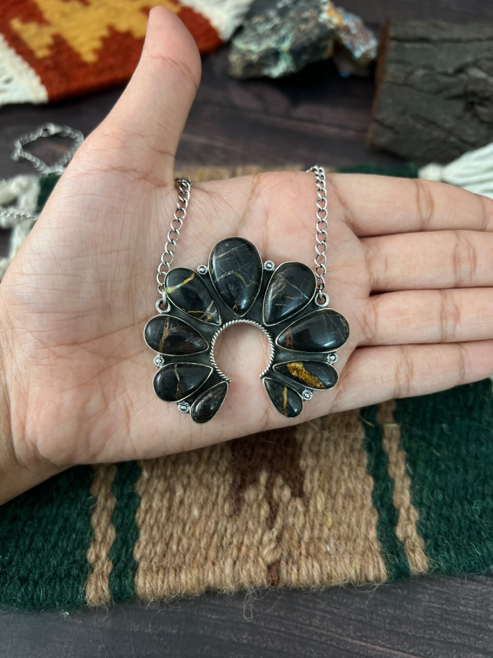 Handmade Sterling Silver Blackjack Turquoise Collection: Naja Necklace Signed Nizhoni