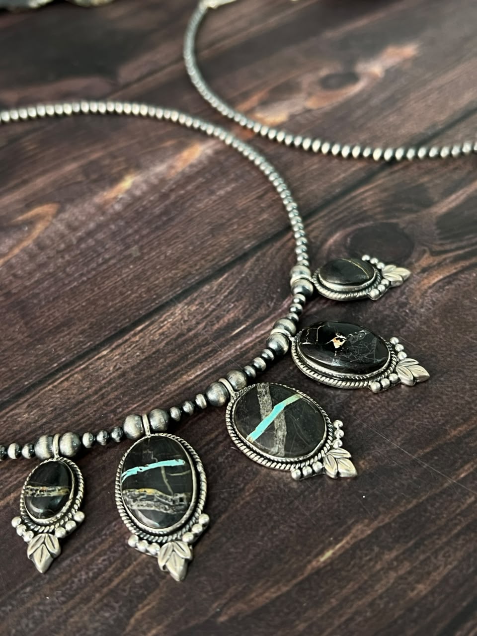 Handmade Sterling Silver Blackjack Turquoise Collection: Beaded Necklace Signed Nizhoni