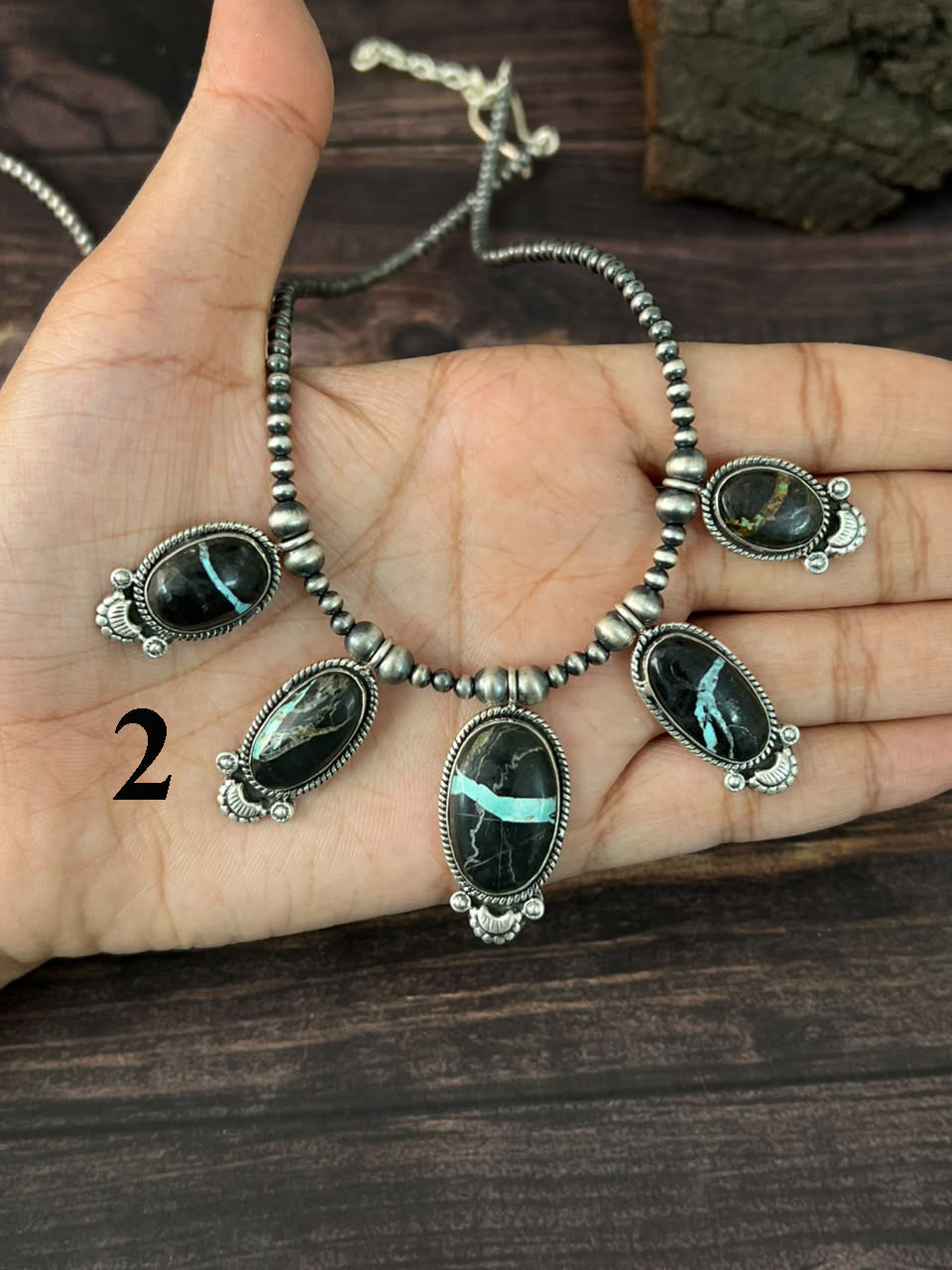 Handmade Sterling Silver Blackjack Turquoise Collection: Beaded Necklace Signed Nizhoni
