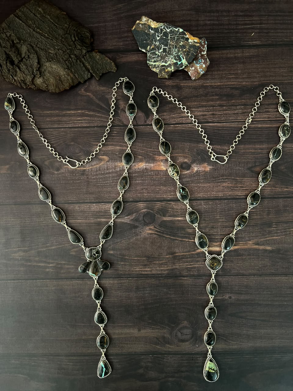 Handmade Sterling Silver Blackjack Turquoise Collection: 'Y Shaped' Necklace Signed Nizhoni