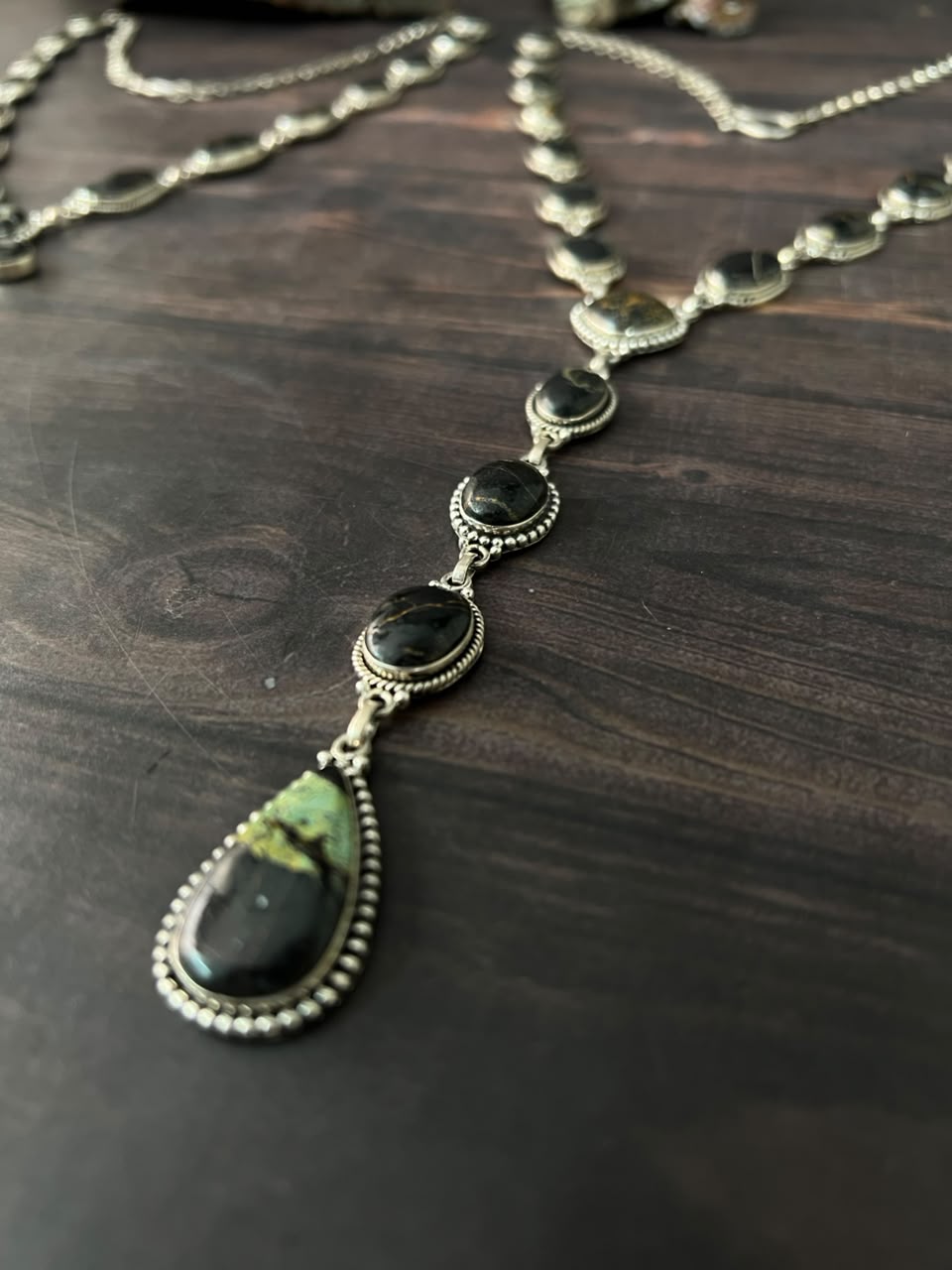 Handmade Sterling Silver Blackjack Turquoise Collection: 'Y Shaped' Necklace Signed Nizhoni