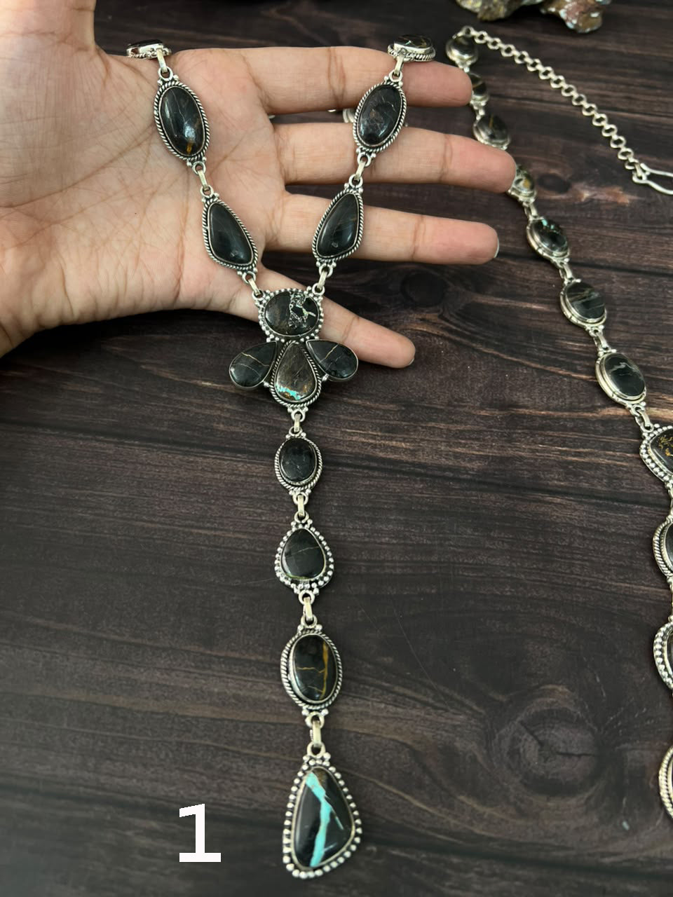 Handmade Sterling Silver Blackjack Turquoise Collection: 'Y Shaped' Necklace Signed Nizhoni