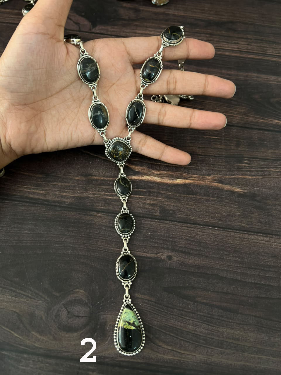 Handmade Sterling Silver Blackjack Turquoise Collection: 'Y Shaped' Necklace Signed Nizhoni