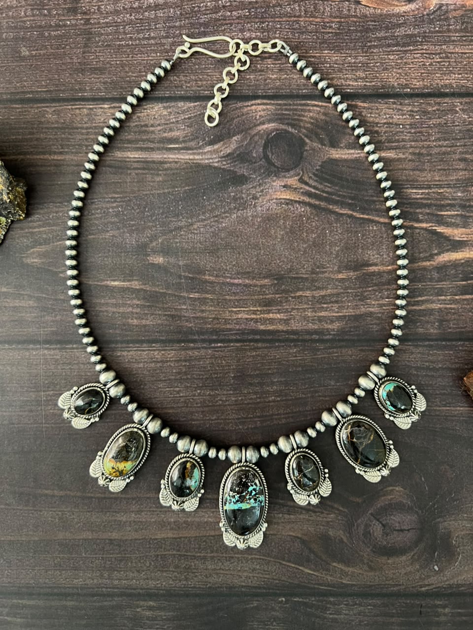 Handmade Sterling Silver Blackjack Turquoise Collection: Beaded Necklace Signed Nizhoni