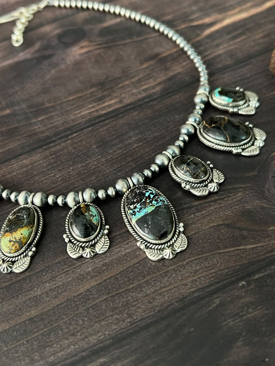 Handmade Sterling Silver Blackjack Turquoise Collection: Beaded Necklace Signed Nizhoni