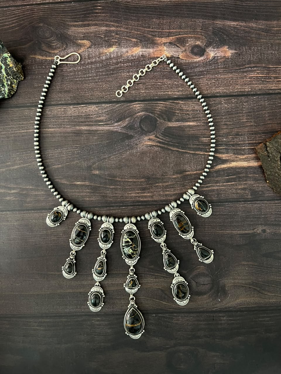 Handmade Sterling Silver Blackjack Turquoise Collection: Beaded Necklace Signed Nizhoni