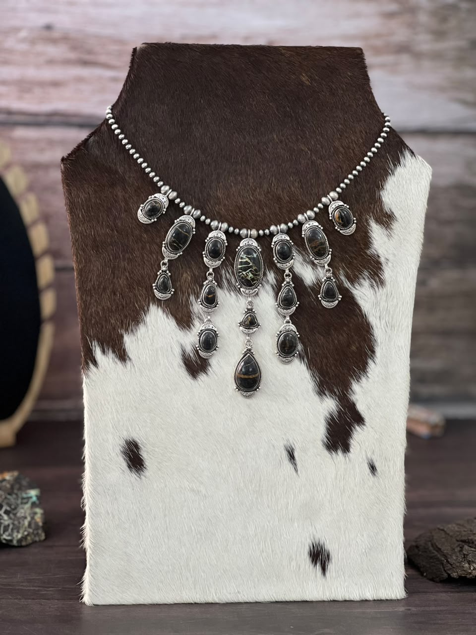 Handmade Sterling Silver Blackjack Turquoise Collection: Beaded Necklace Signed Nizhoni