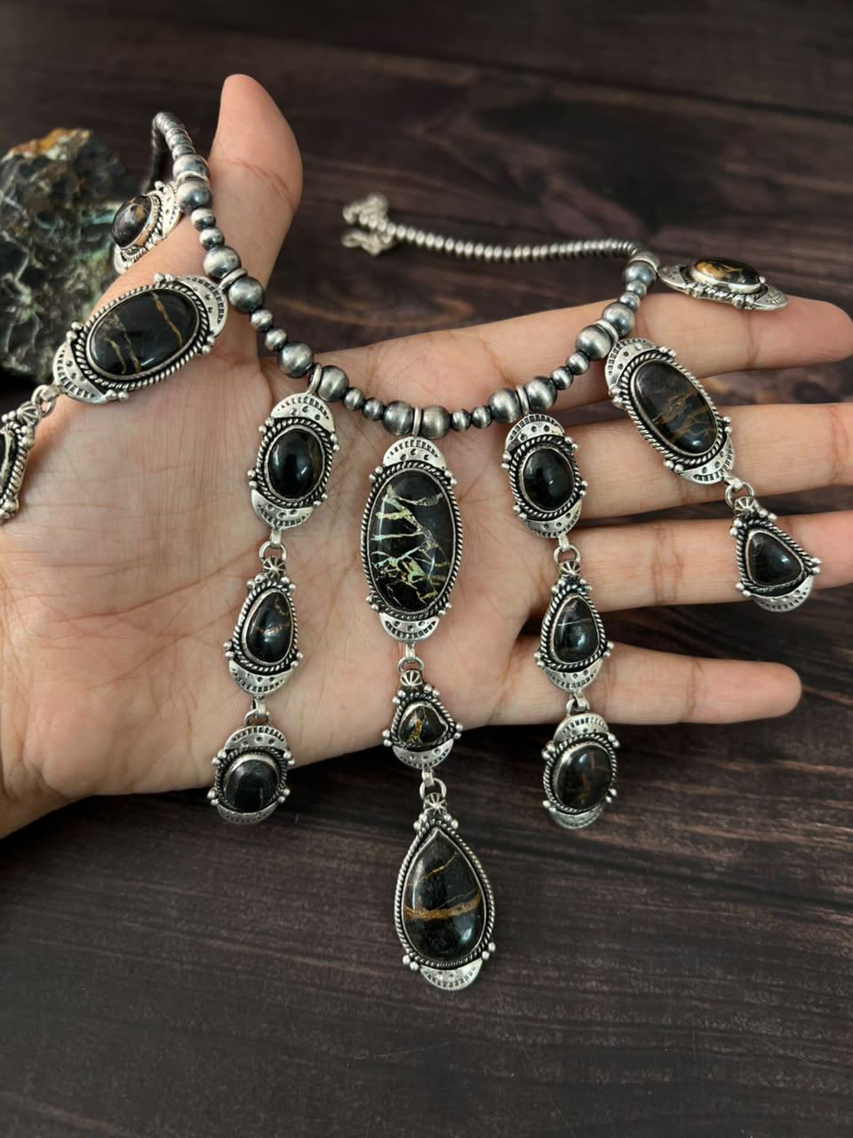 Handmade Sterling Silver Blackjack Turquoise Collection: Beaded Necklace Signed Nizhoni
