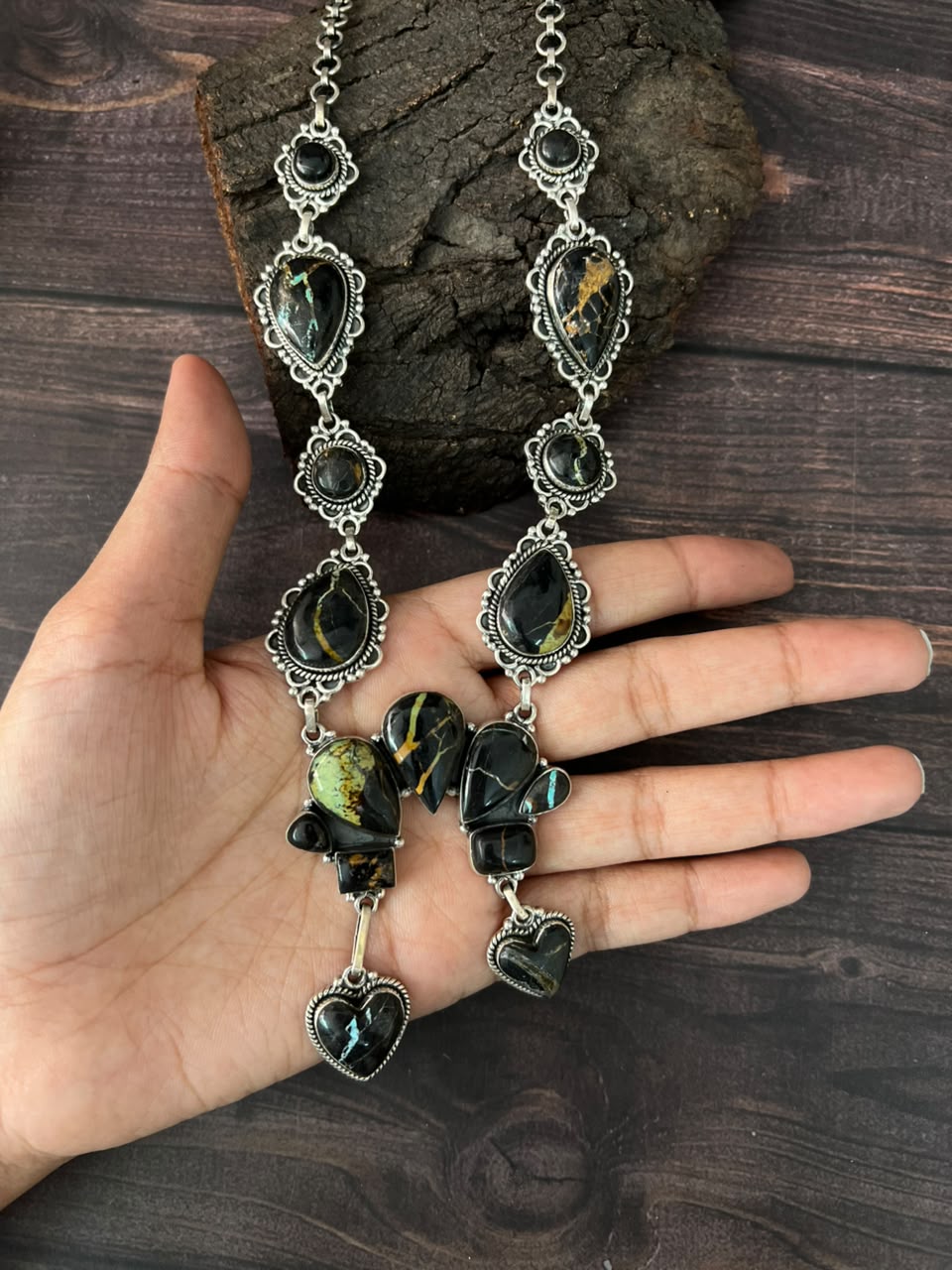 Handmade Sterling Silver Blackjack Turquoise Collection: Necklace Signed Nizhoni