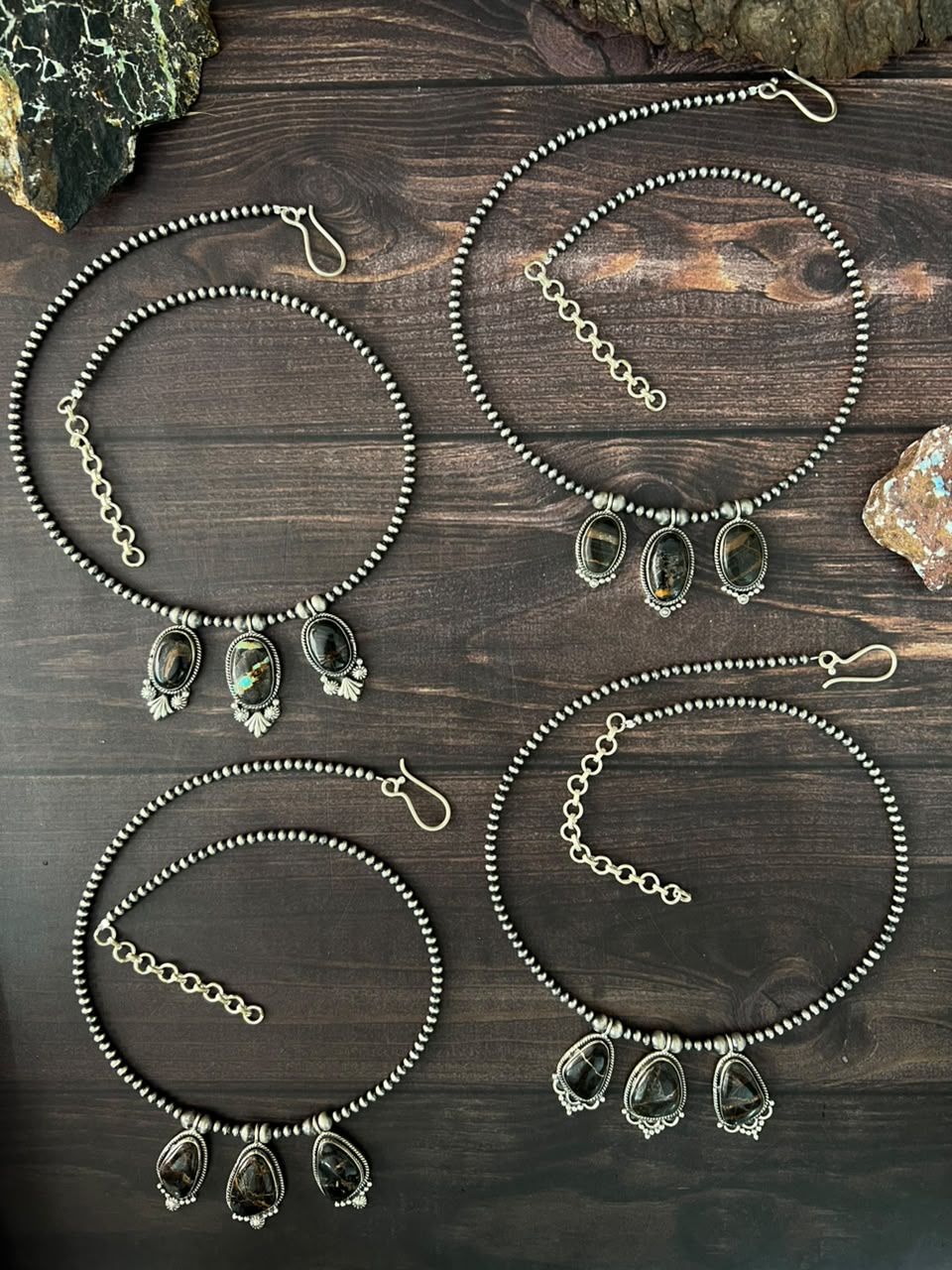 Handmade Sterling Silver Blackjack Turquoise Collection: Beaded Necklace Signed Nizhoni