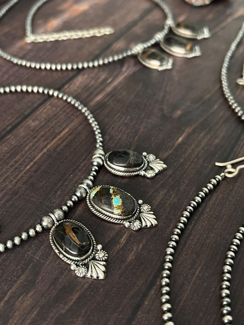 Handmade Sterling Silver Blackjack Turquoise Collection: Beaded Necklace Signed Nizhoni