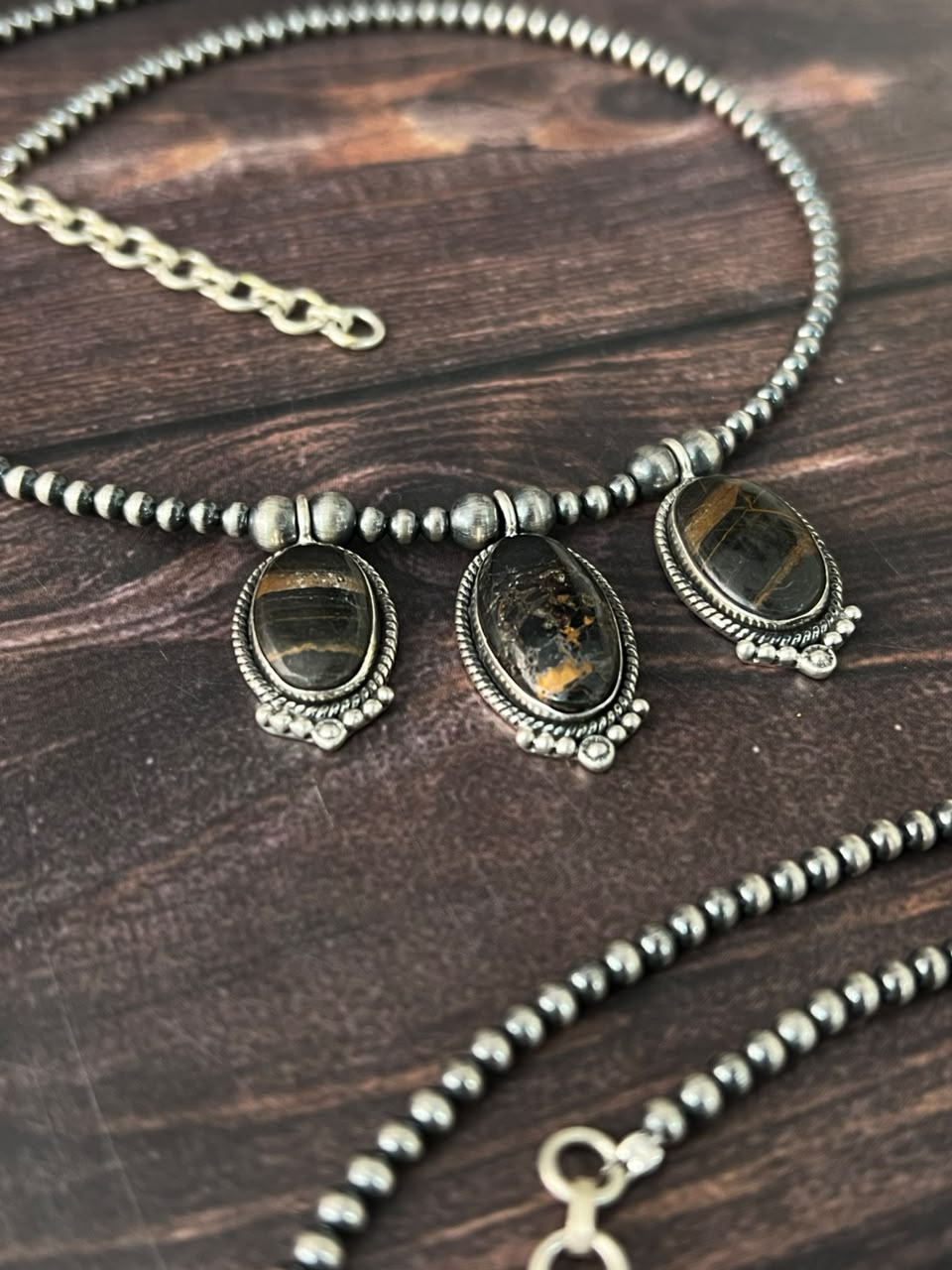 Handmade Sterling Silver Blackjack Turquoise Collection: Beaded Necklace Signed Nizhoni