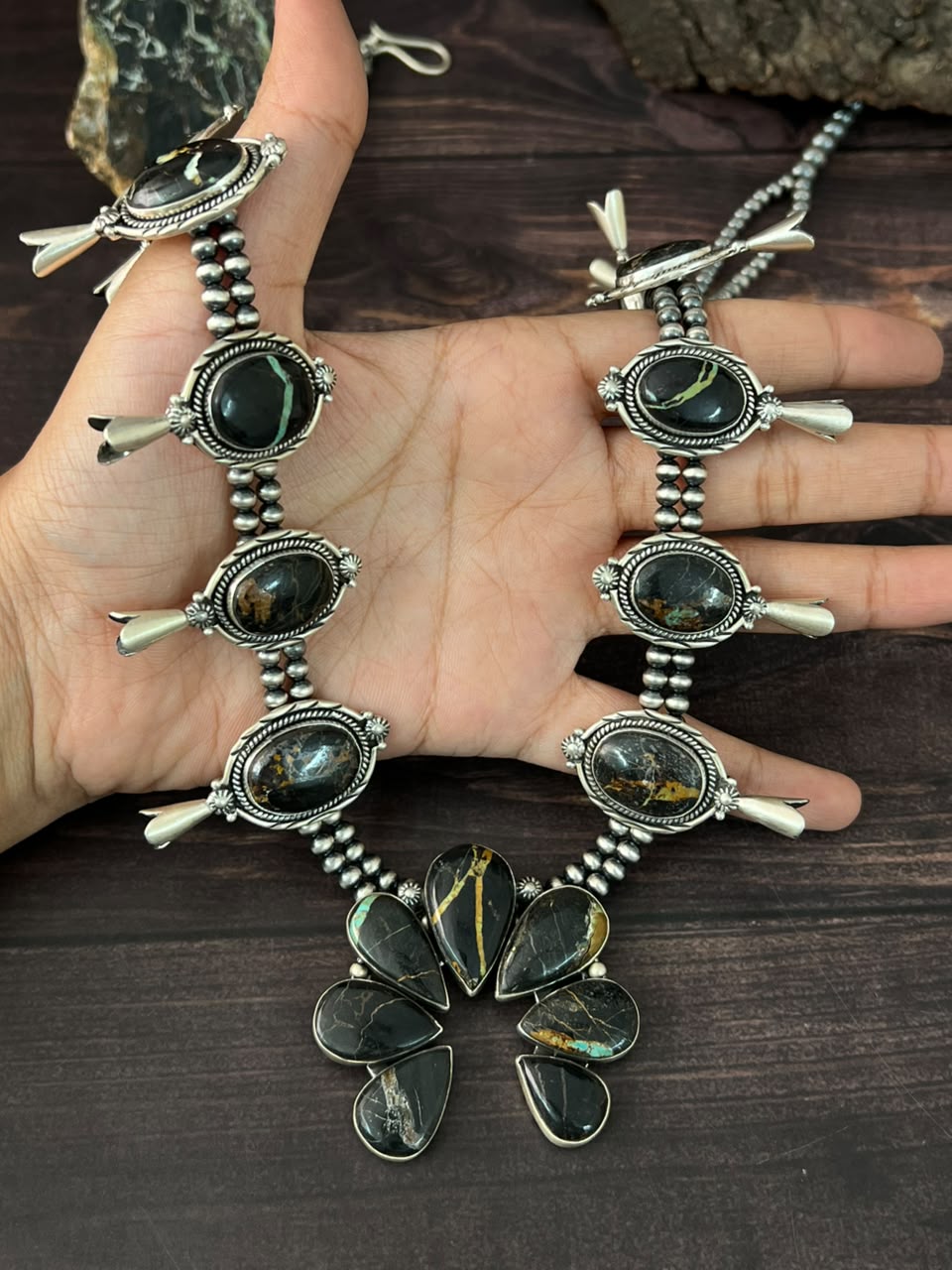 Handmade Sterling Silver Blackjack Turquoise Collection: Squash Blosso