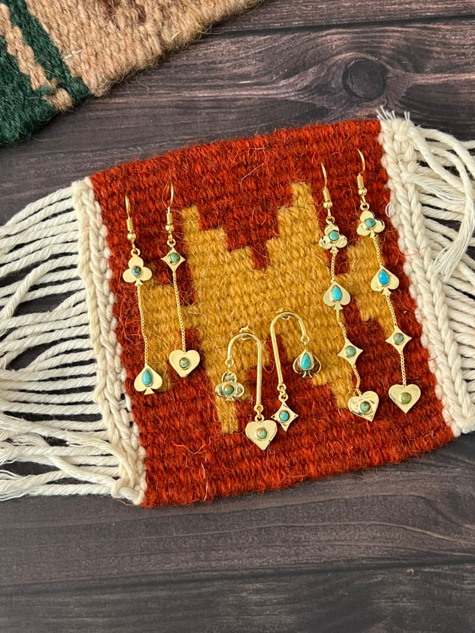 “The Golden Collection” Handmade Kingman Turquoise Playing Card Hook/Post Dangle Earrings Signed Nizhoni