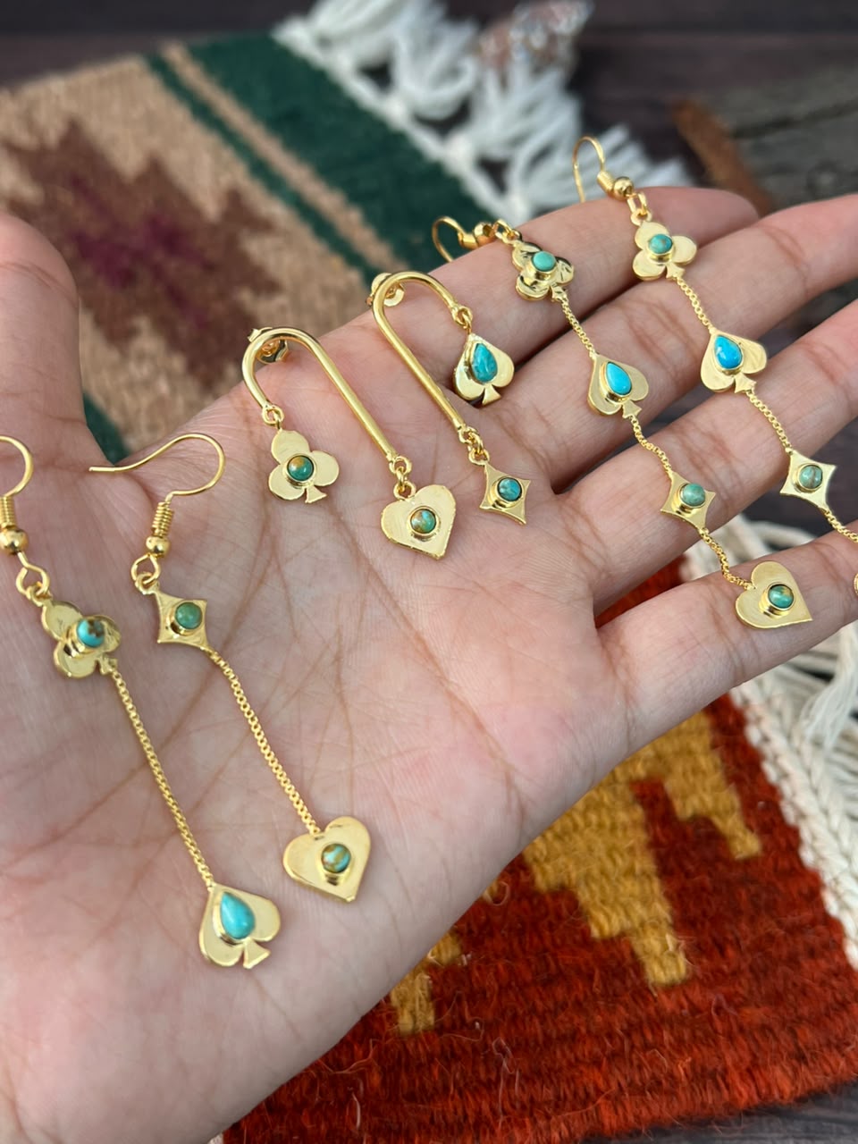 “The Golden Collection” Handmade Kingman Turquoise Playing Card Hook/Post Dangle Earrings Signed Nizhoni