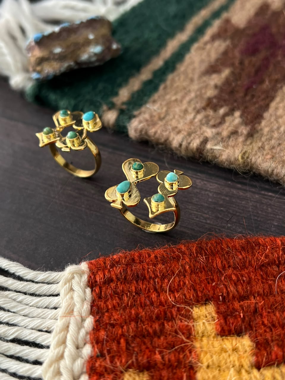 “The Golden Collection” Kingman Turquoise Adjustable Playing Card Ring Signed Nizhoni