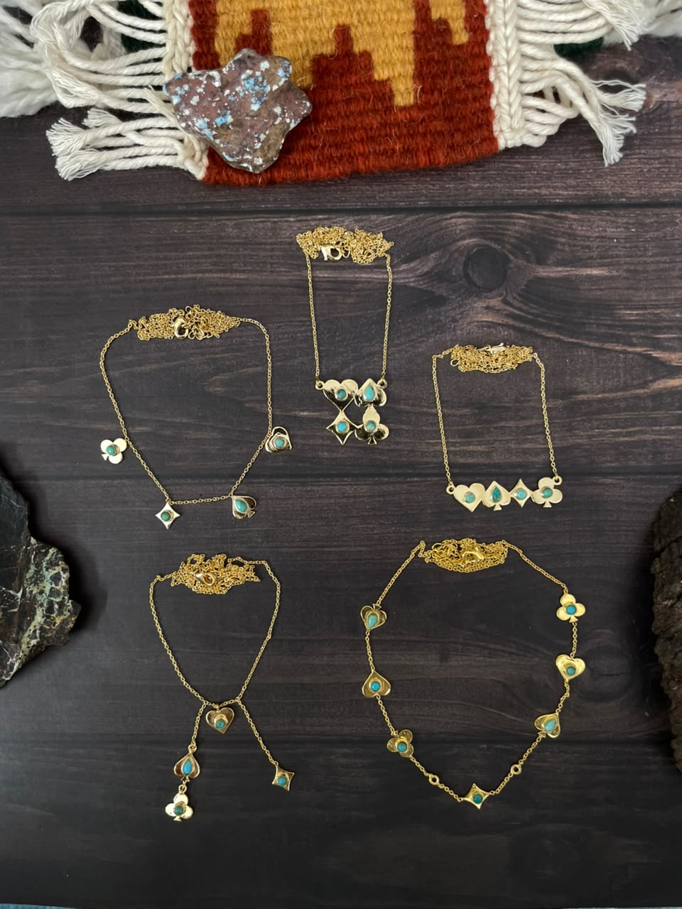 “The Golden Collection” Handmade Gold-Plated Kingman Turquoise Playing Card Necklace Signed Nizhoni