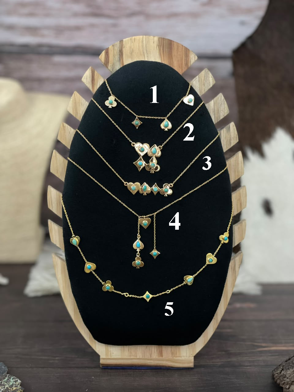“The Golden Collection” Handmade Gold-Plated Kingman Turquoise Playing Card Necklace Signed Nizhoni