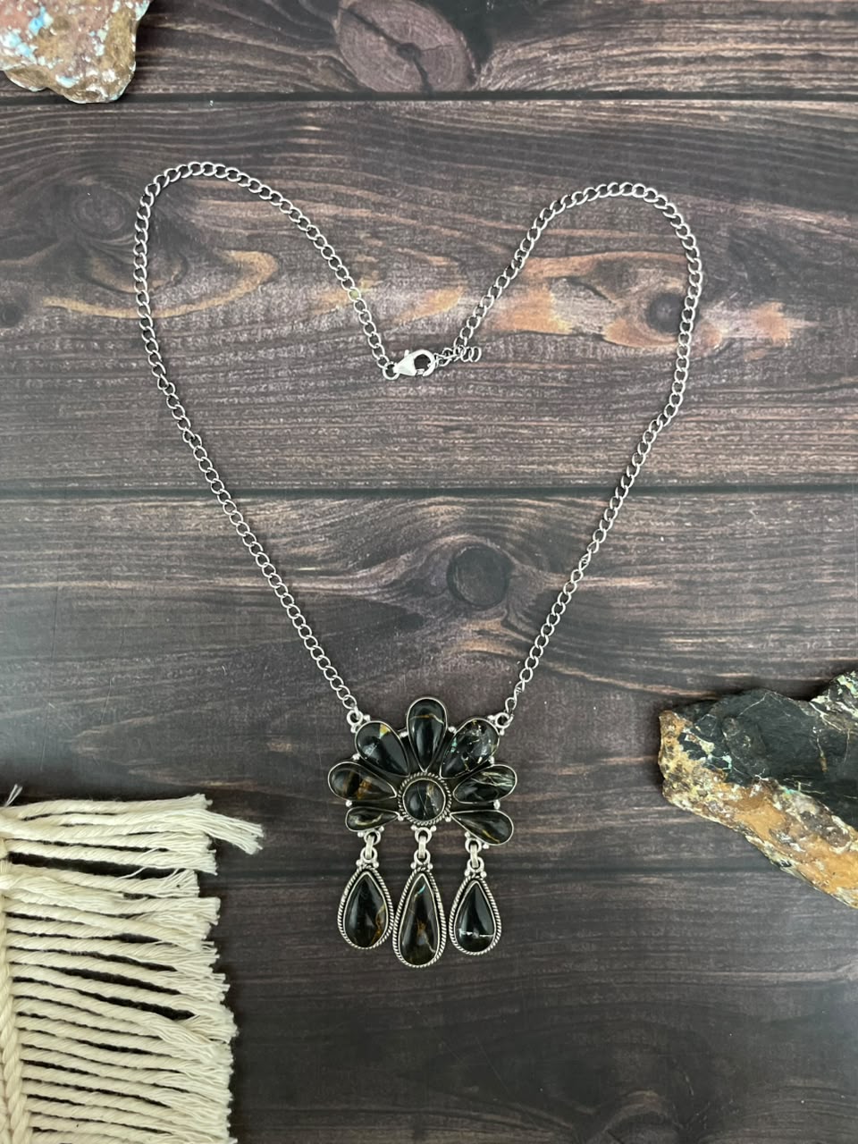 Handmade Sterling Silver Blackjack Turquoise Collection: Necklace Signed Nizhoni