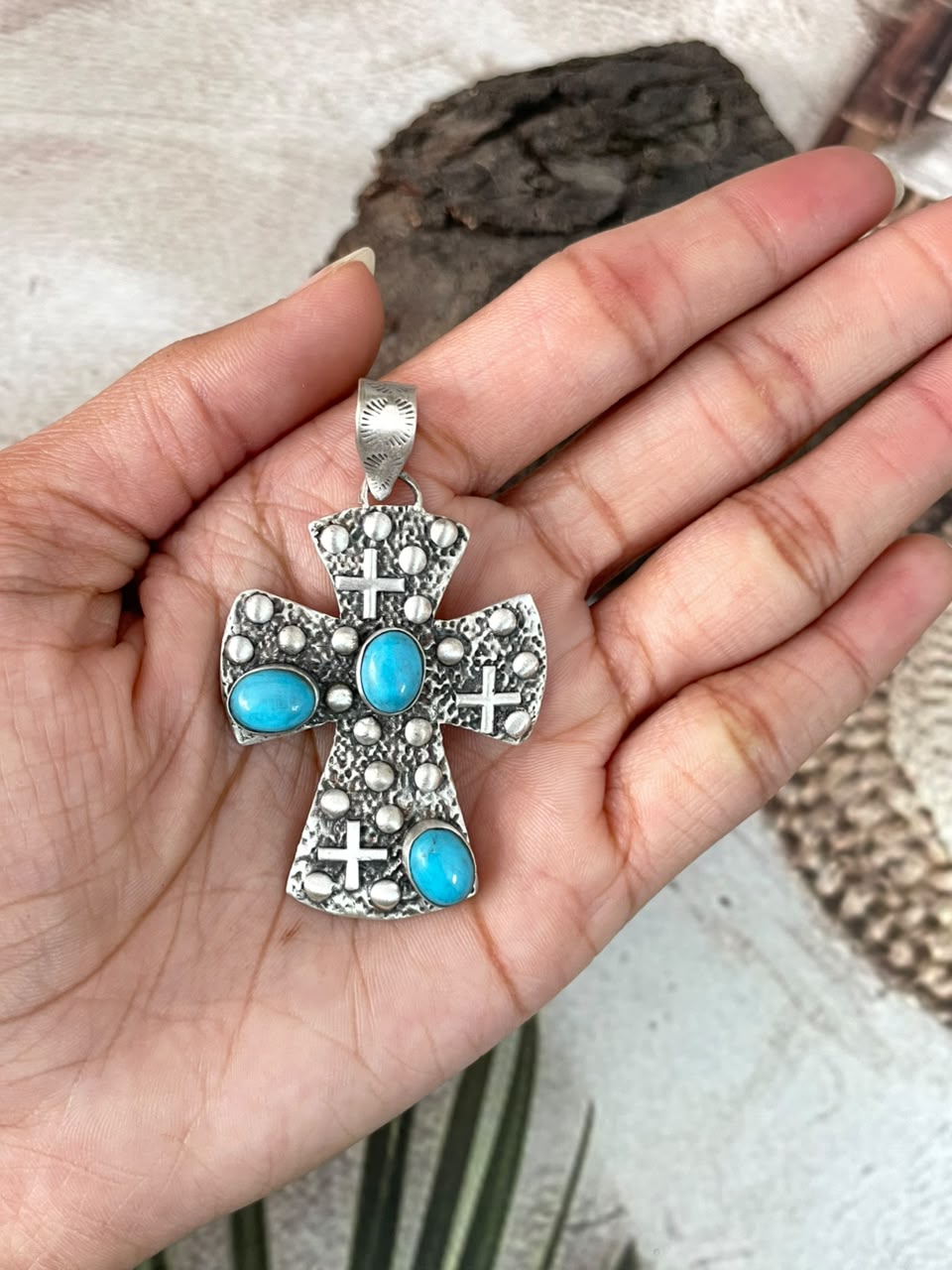 Handmade Sterling Silver Kingman Turquoise Cross Pendant Signed Nizhoni (4)