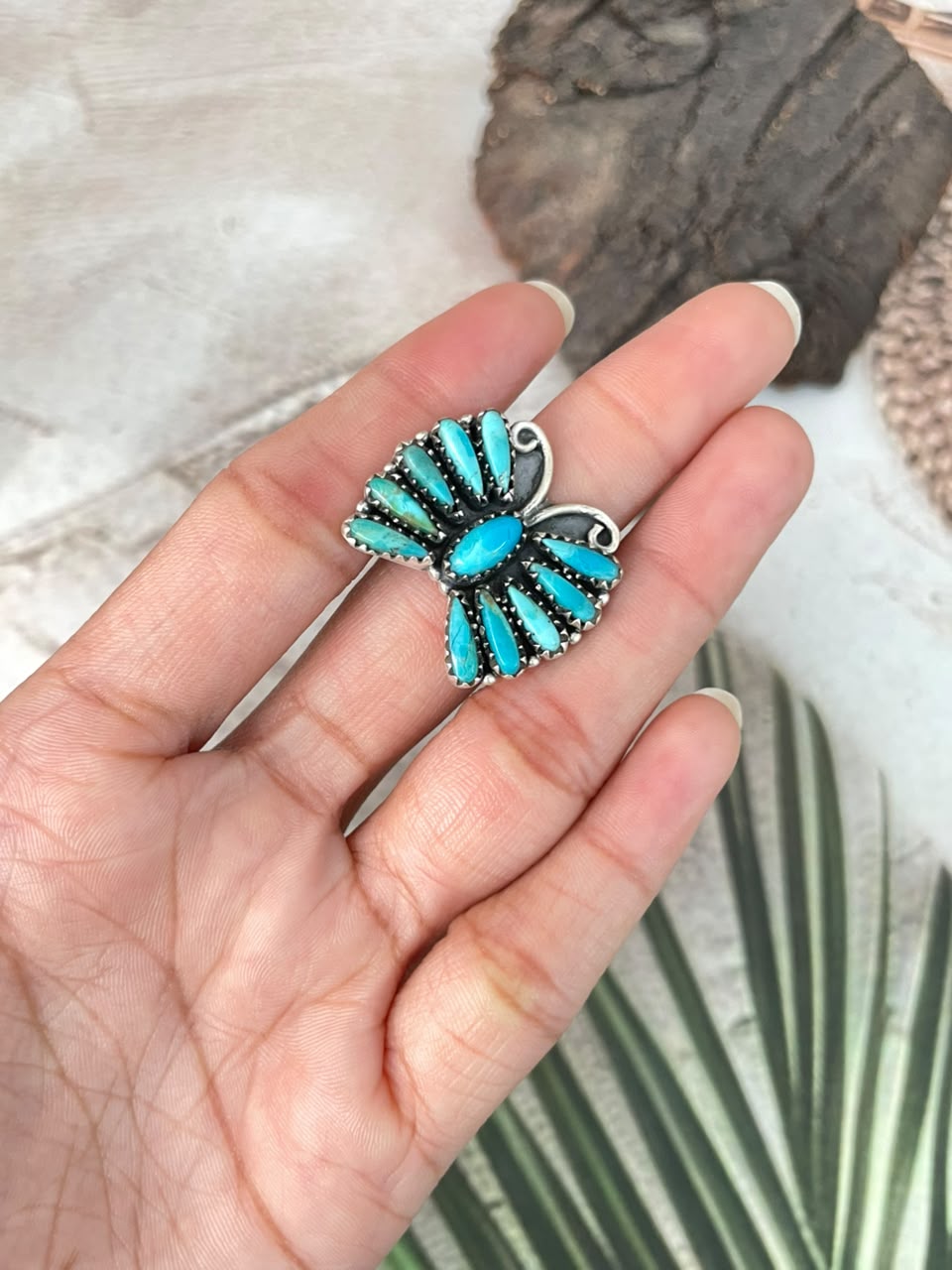 Handmade Sterling Silver Kingman Turquoise Butterfly Adjustable Ring Signed Nizhoni