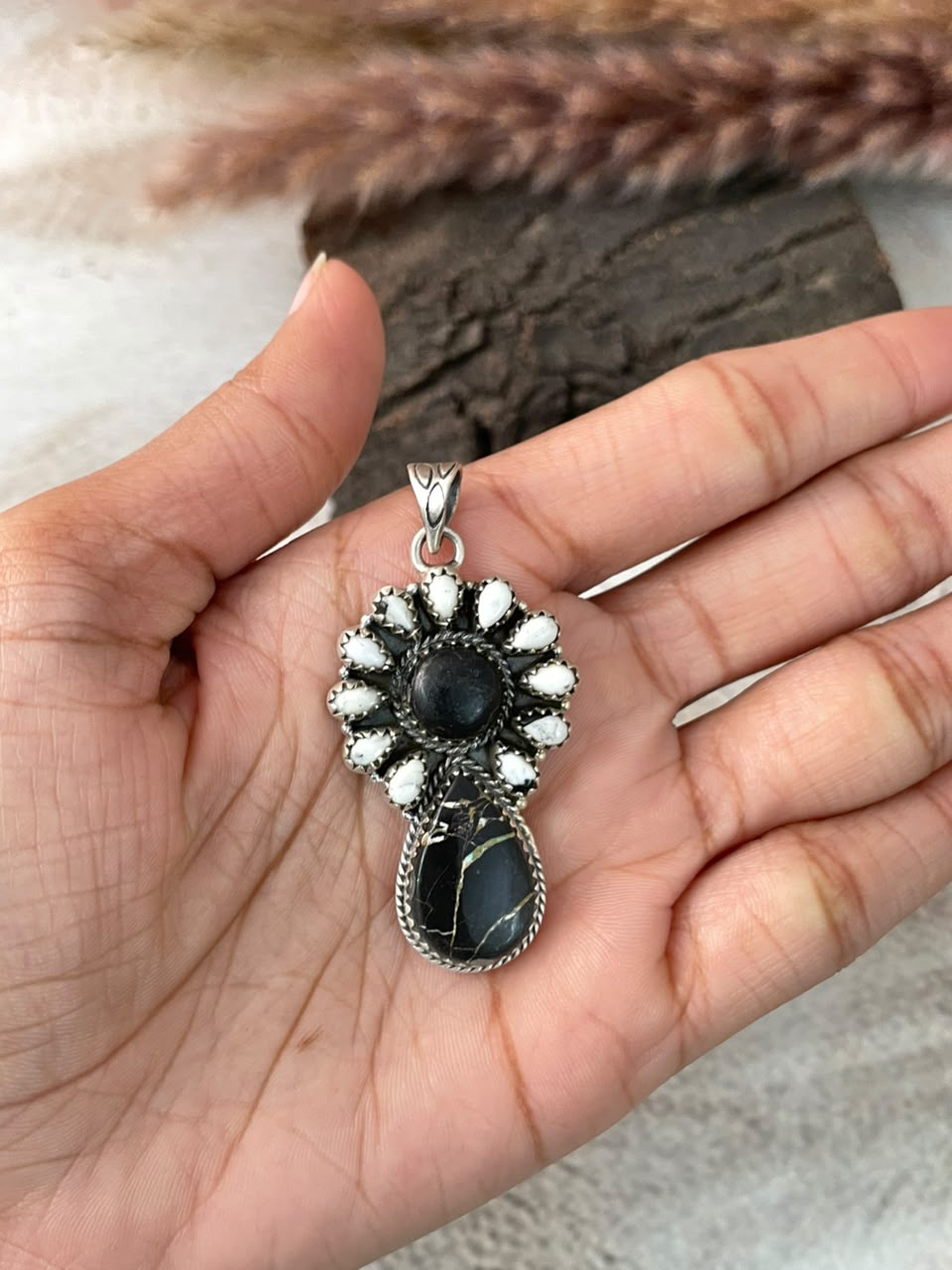 Handmade Sterling Silver White Buffalo with Blackjack Turquoise Pendant Signed Nizhoni