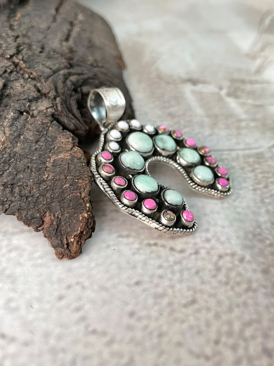 Handmade Sterling Silver Cotton Candy with Paloma Turquoise Naja Pendant Signed Nizhoni (9)