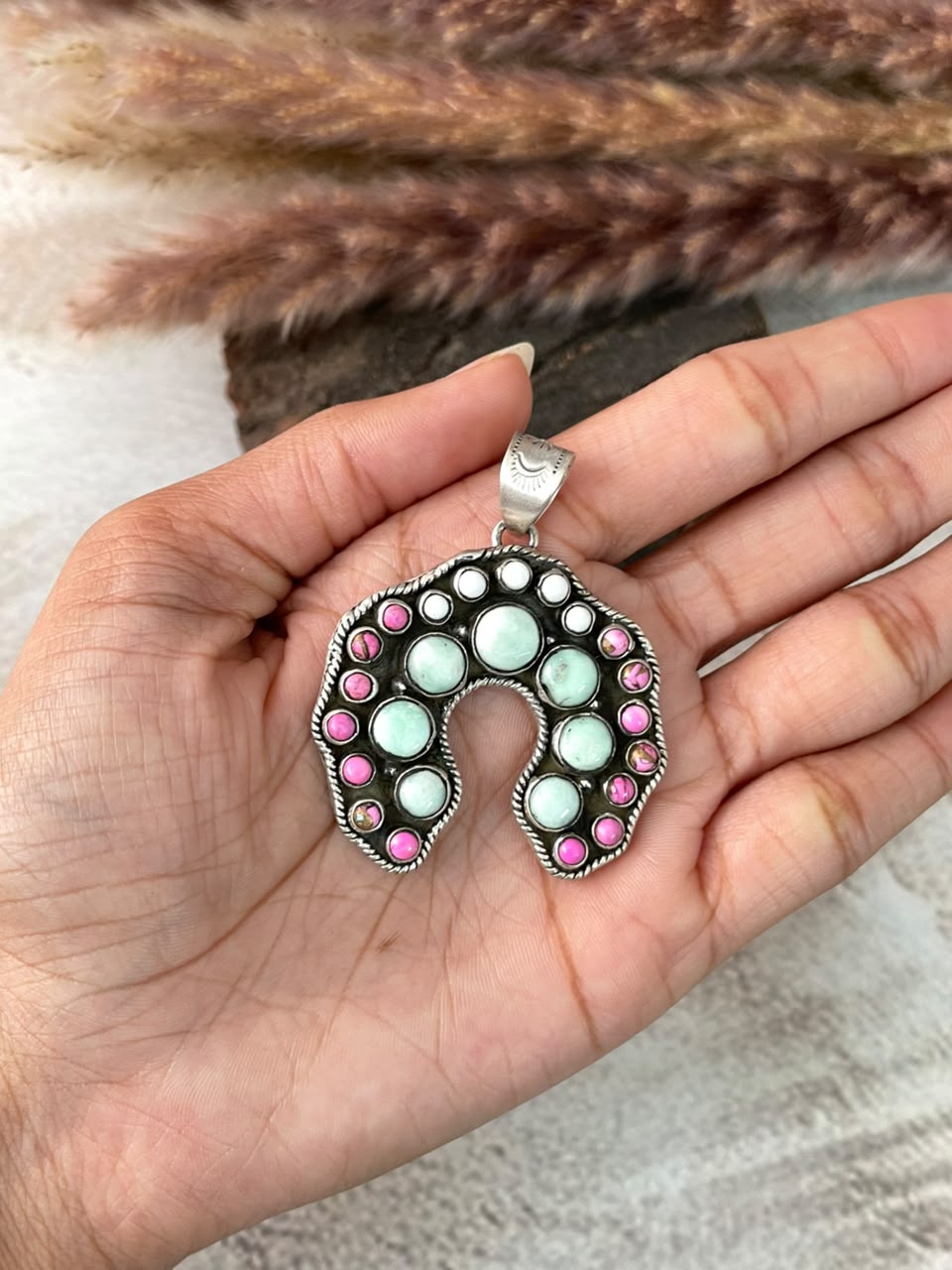 Handmade Sterling Silver Cotton Candy with Paloma Turquoise Naja Pendant Signed Nizhoni (9)