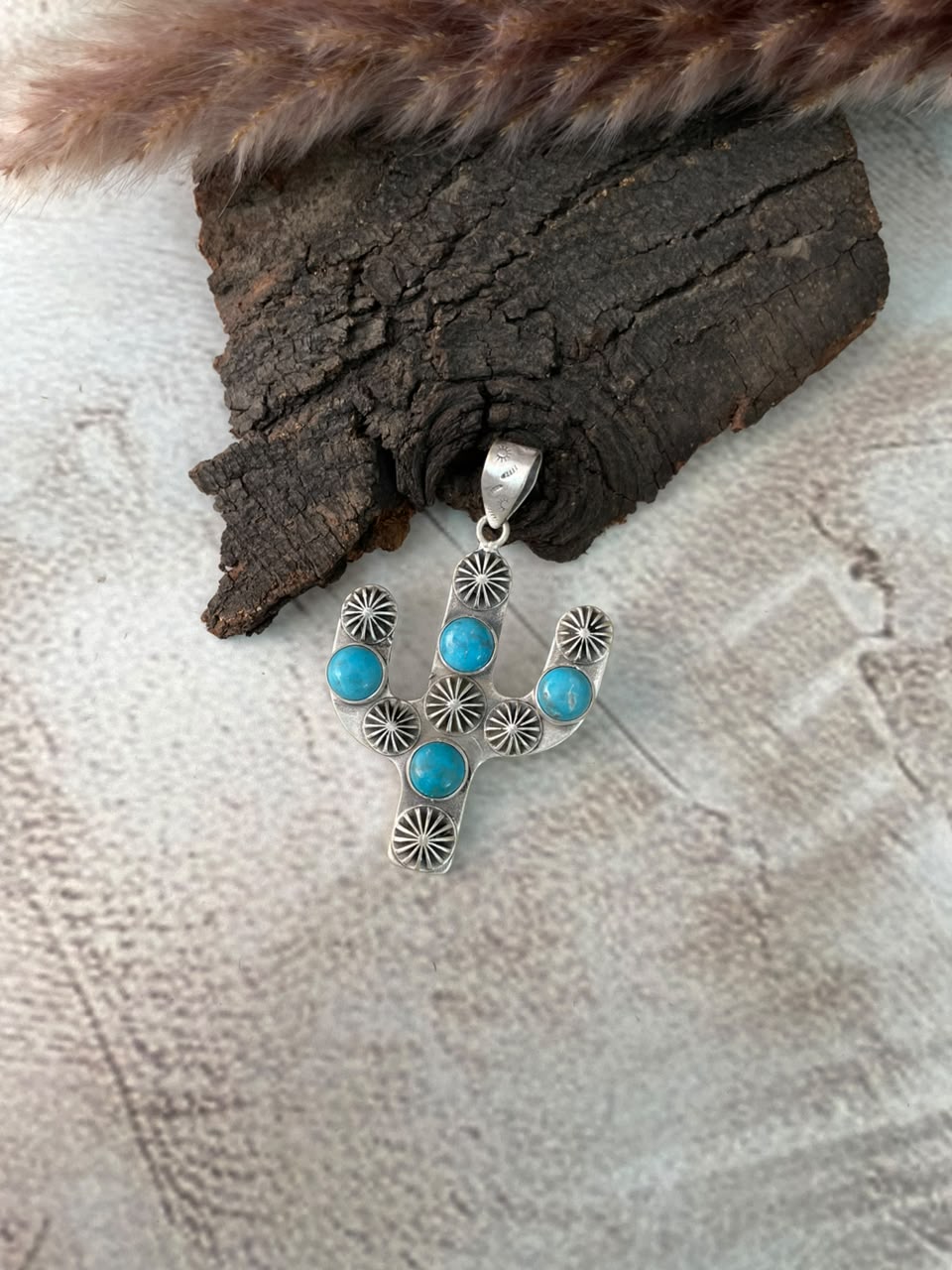 Handmade Sterling Silver Kingman Turquoise Cactus Pendant Signed Nizhoni (5)