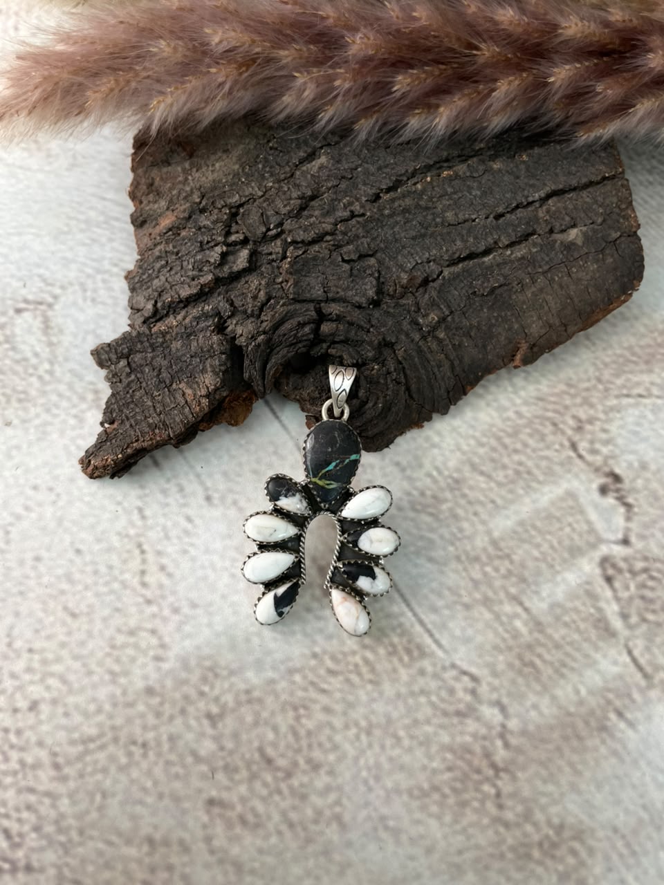 Handmade Sterling Silver White Buffalo with Blackjack Turquoise Naja Pendant Signed Nizhoni