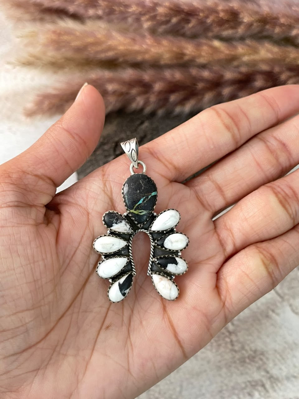 Handmade Sterling Silver White Buffalo with Blackjack Turquoise Naja Pendant Signed Nizhoni