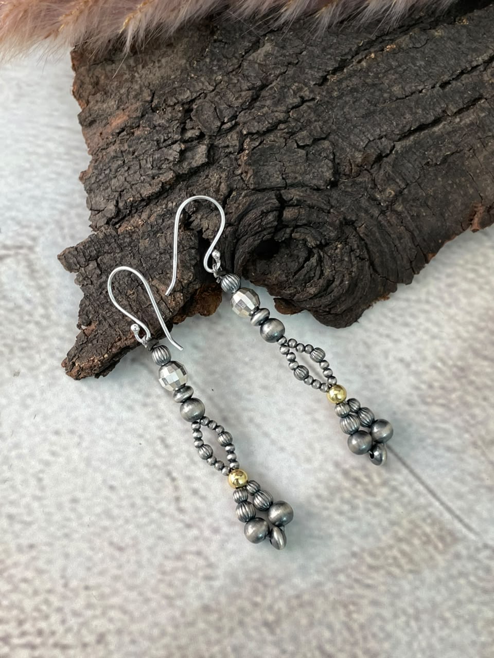 Handmade Sterling Silver Hook Dangle Gold Shiny Beaded Earrings
