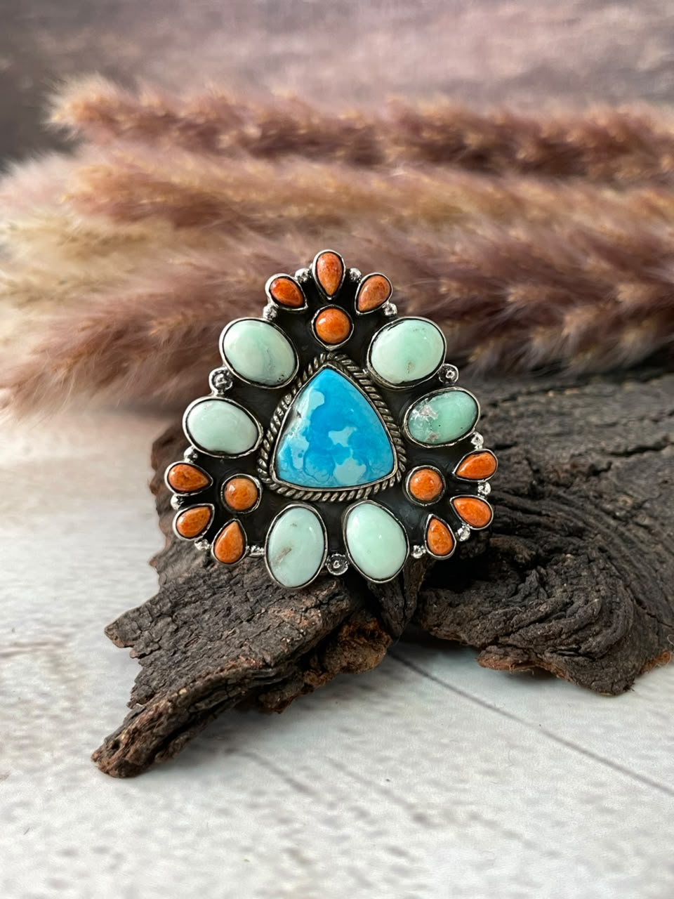 Handmade Sterling Silver Orange Mojave with Paloma and Sierra Bella Turquoise Adjustable Ring Signed Nizhoni