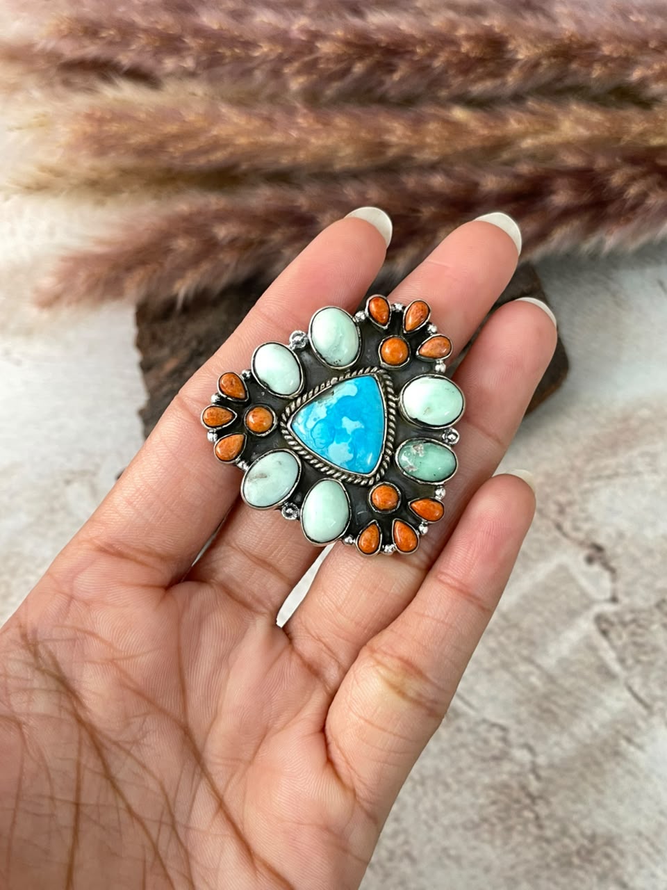 Handmade Sterling Silver Orange Mojave with Paloma and Sierra Bella Turquoise Adjustable Ring Signed Nizhoni