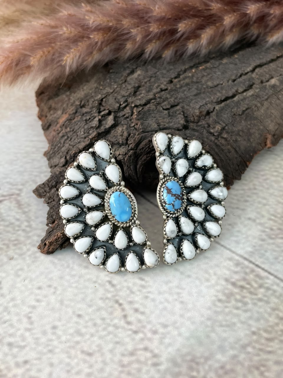Handmade Sterling Silver Golden Hills Turquoise with White Buffalo Post Studs Earrings Signed Nizhoni (3)