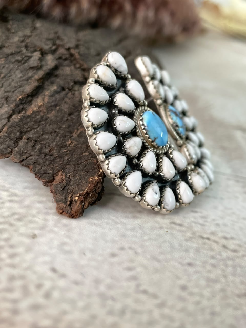 Handmade Sterling Silver Golden Hills Turquoise with White Buffalo Post Studs Earrings Signed Nizhoni (3)